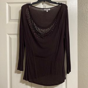 Brown cowl neck with diamond stud accents